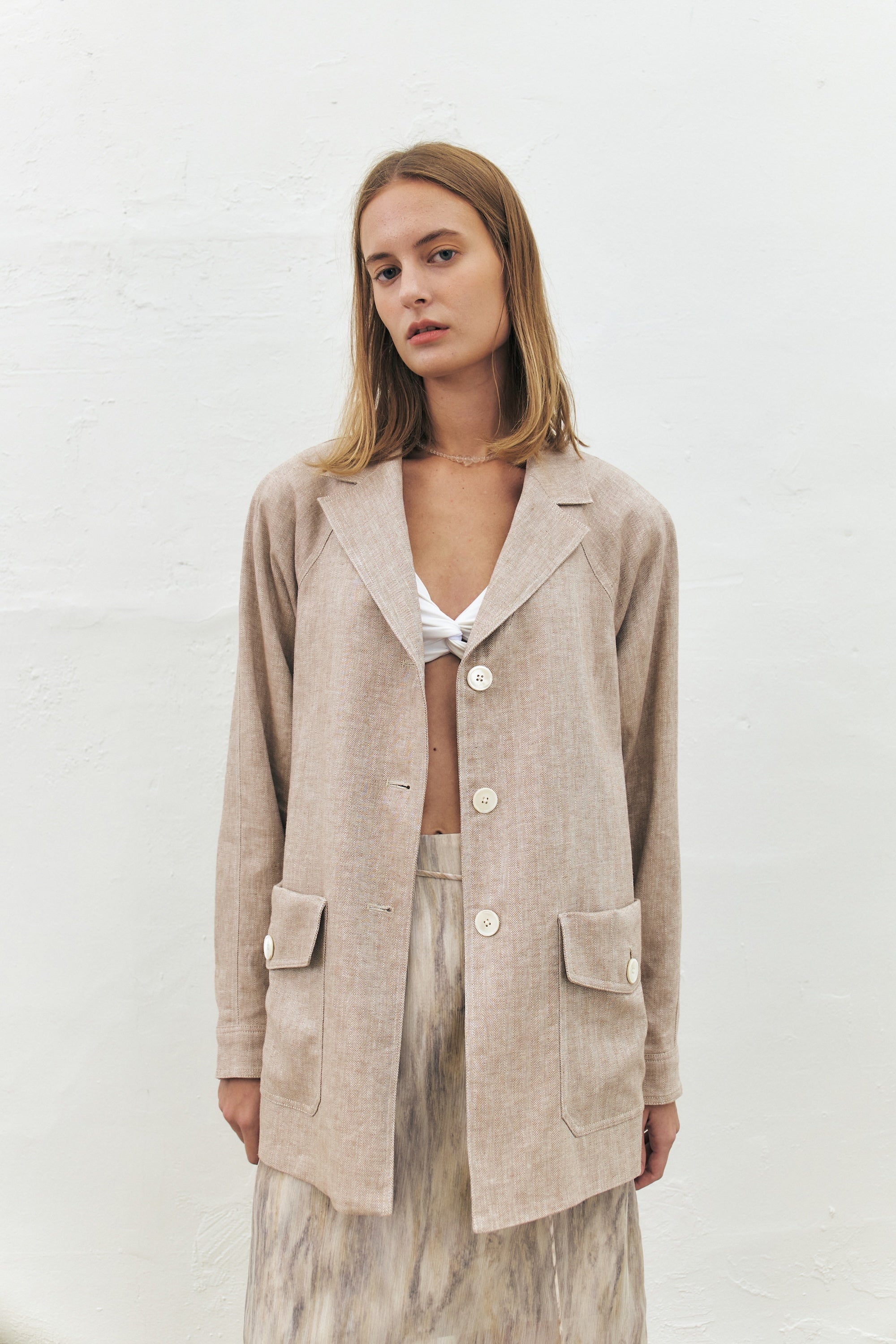 Linen Herringbone Belted Jacket