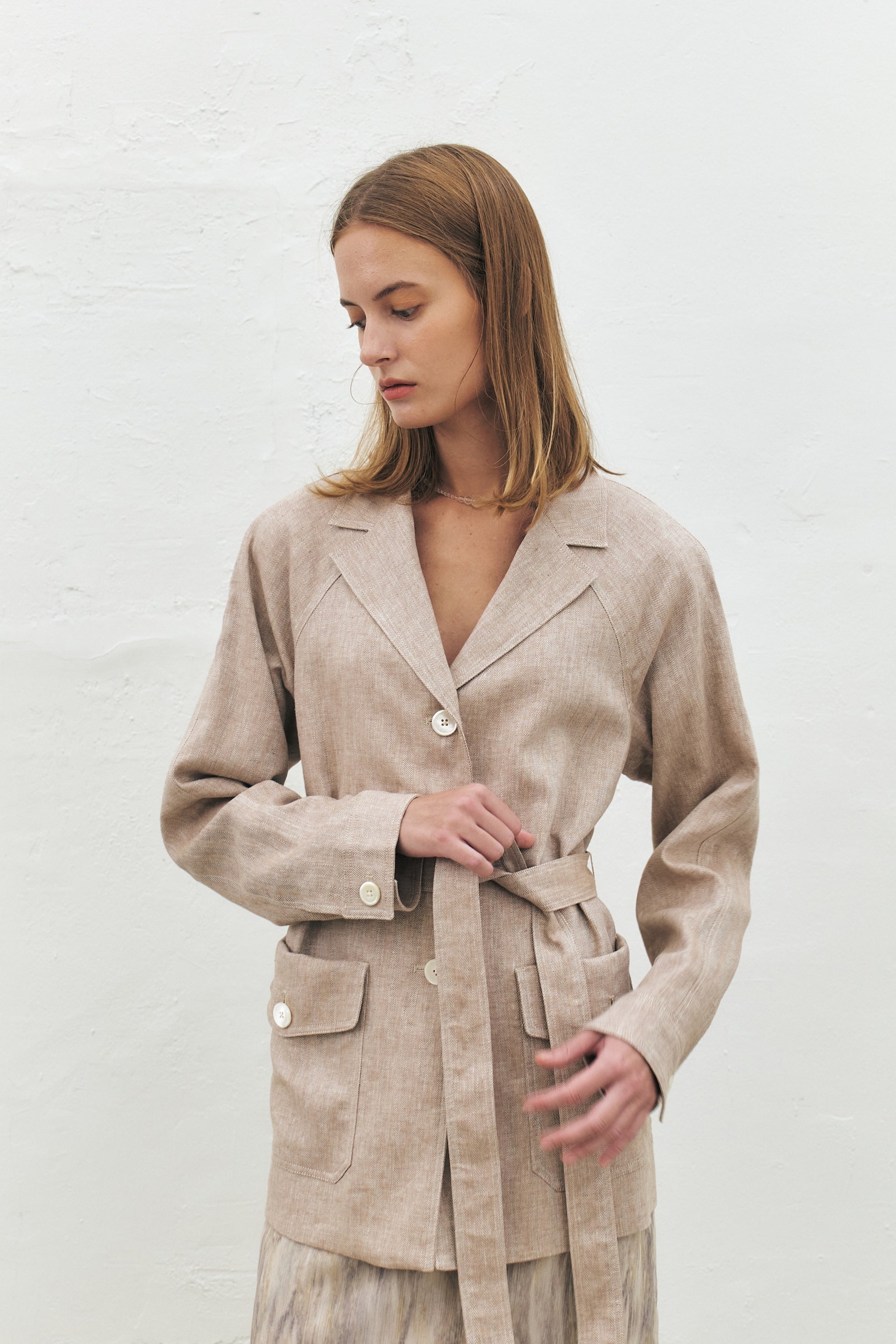 Linen Herringbone Belted Jacket