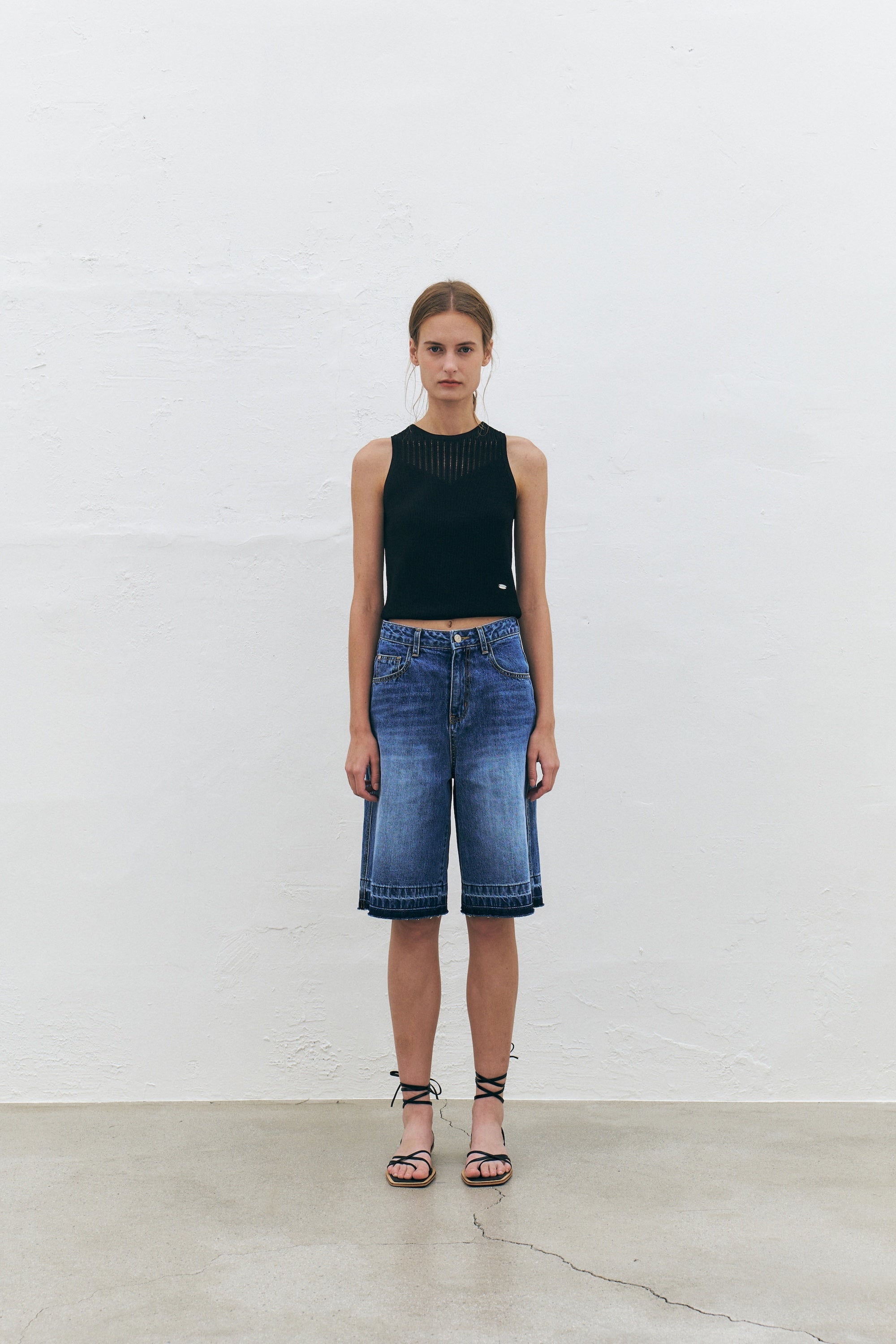 Frayed Denim Midi Shorts
