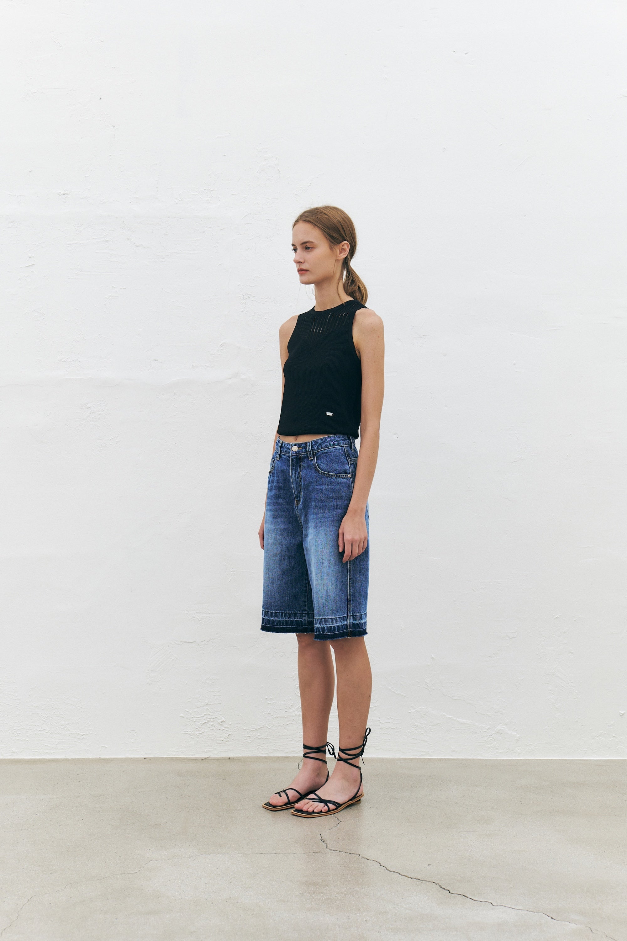 Frayed Denim Midi Shorts