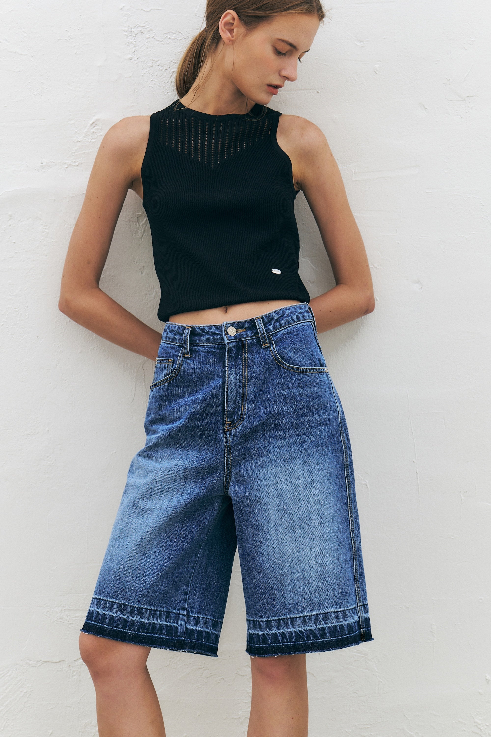 Frayed Denim Midi Shorts