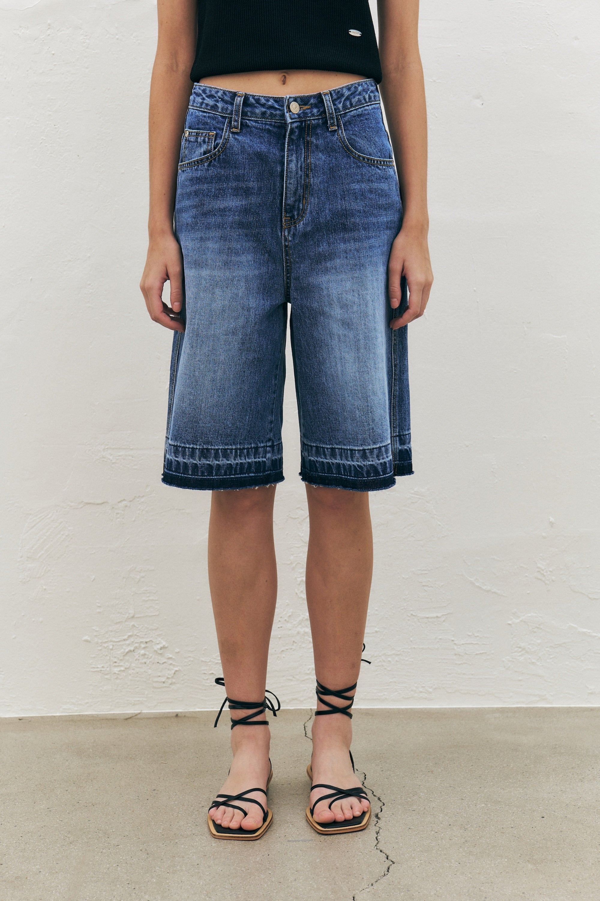 Frayed Denim Midi Shorts