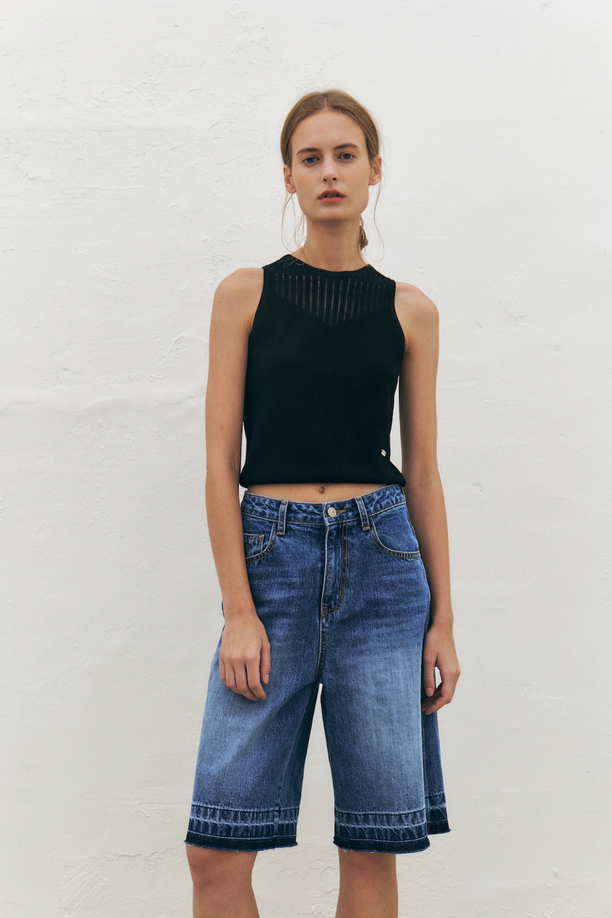 Frayed Denim Midi Shorts
