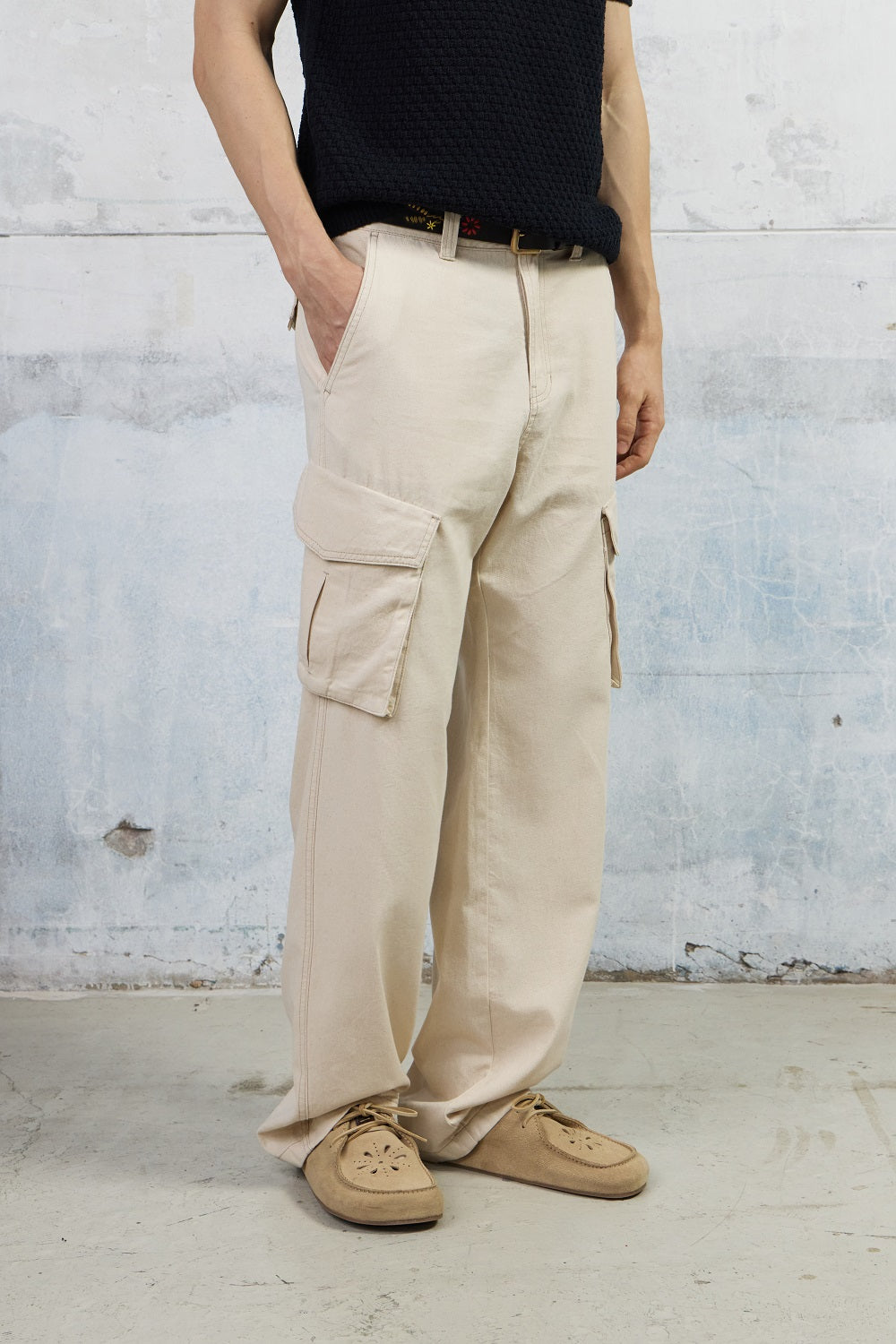 Men's Belted Relaxed Cargo Pants, Ecru