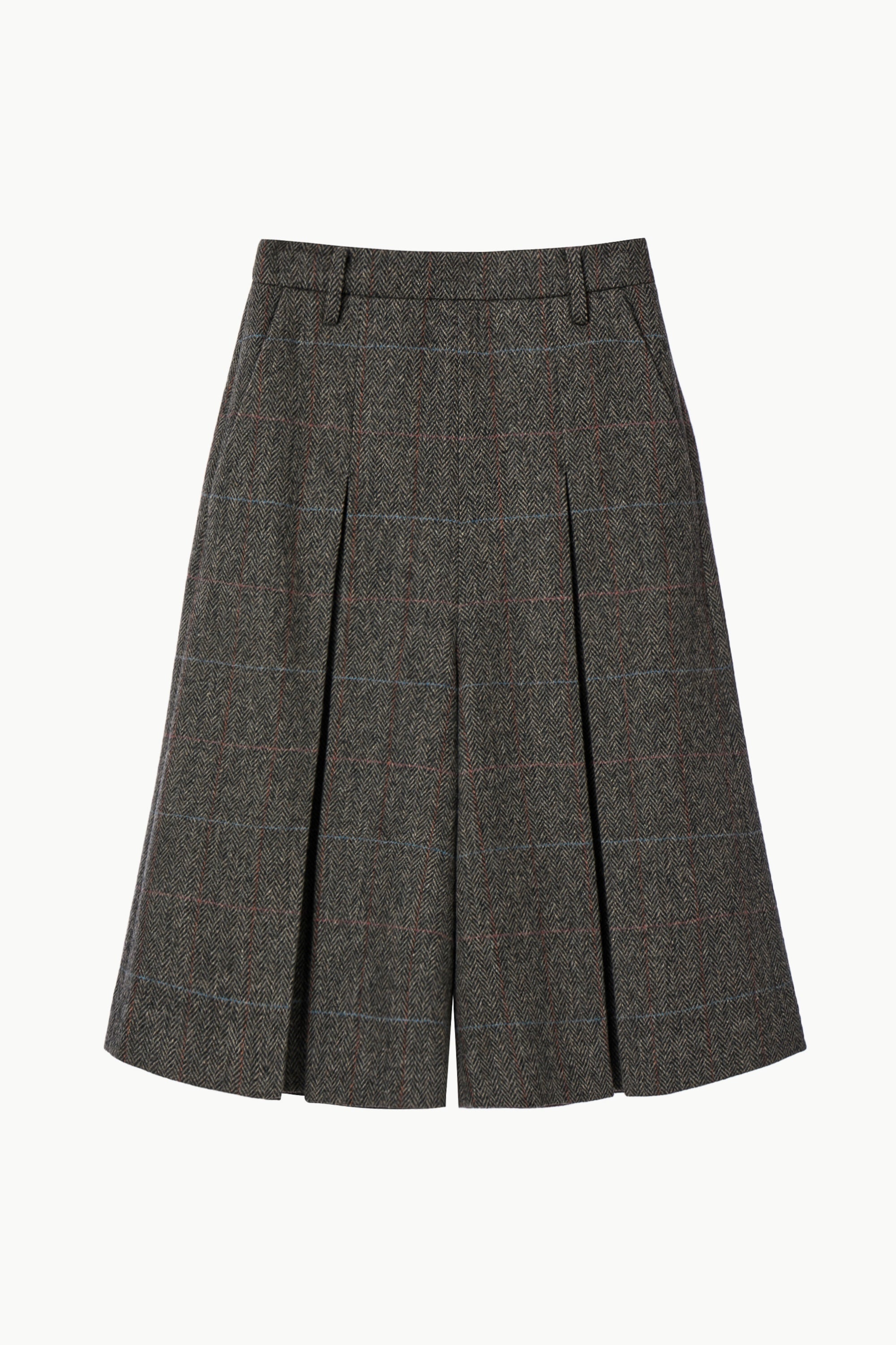 Herringbone Wool Box Pleated Culotte Pants