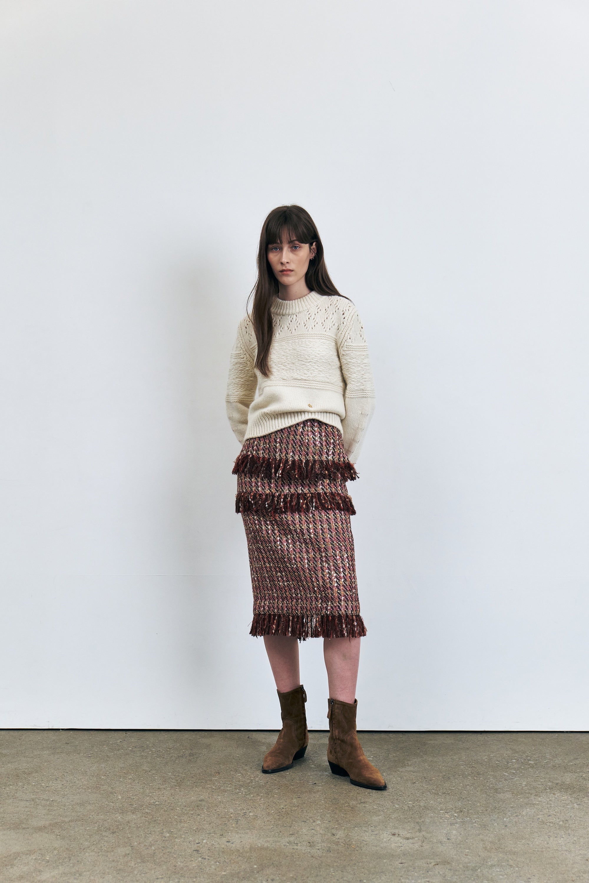 Tweed Fringe Midi Skirt