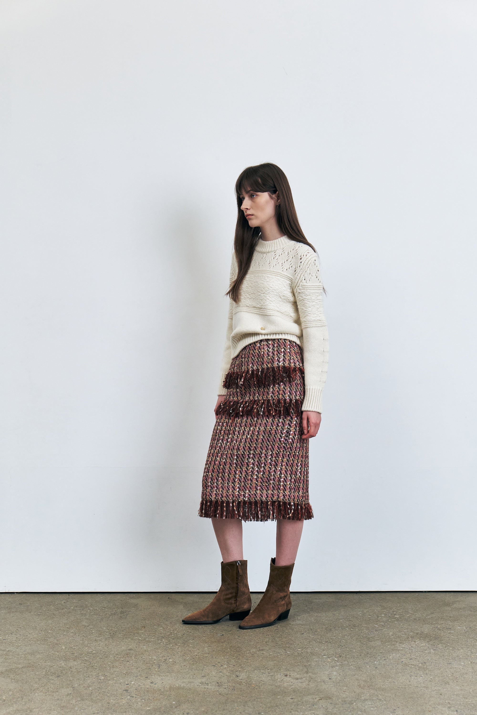 Tweed Fringe Midi Skirt