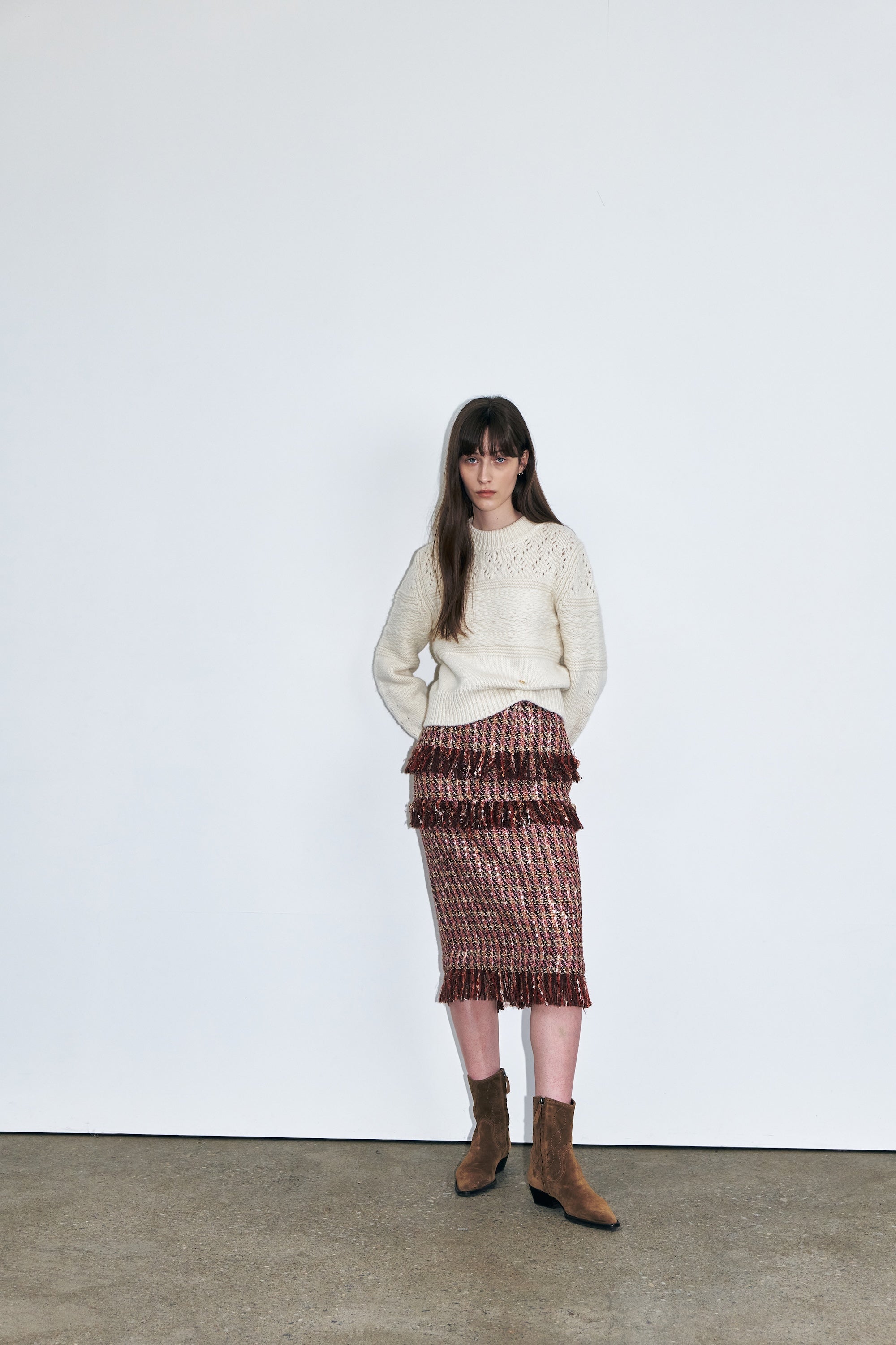 Tweed Fringe Midi Skirt