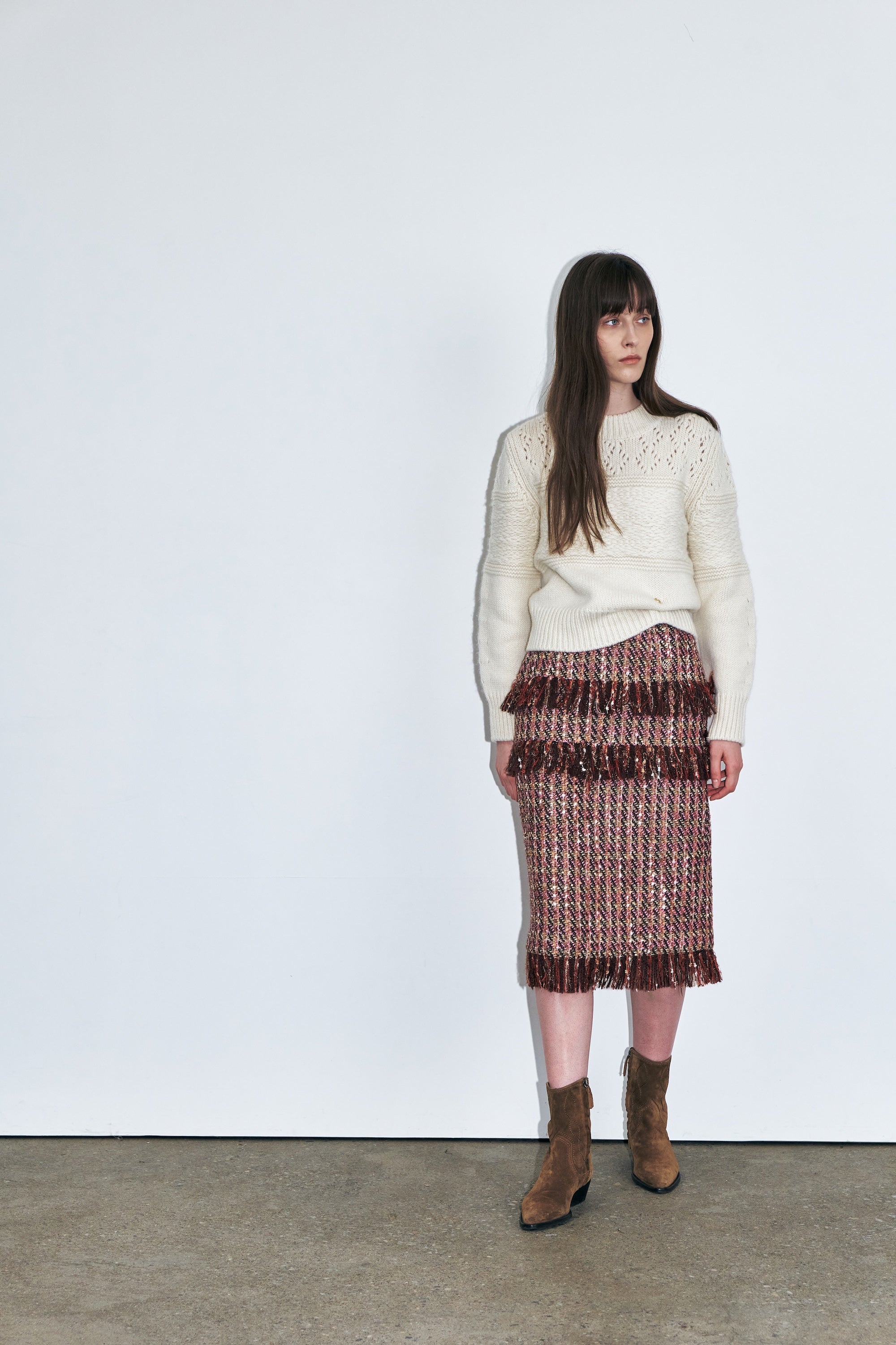 Tweed Fringe Midi Skirt