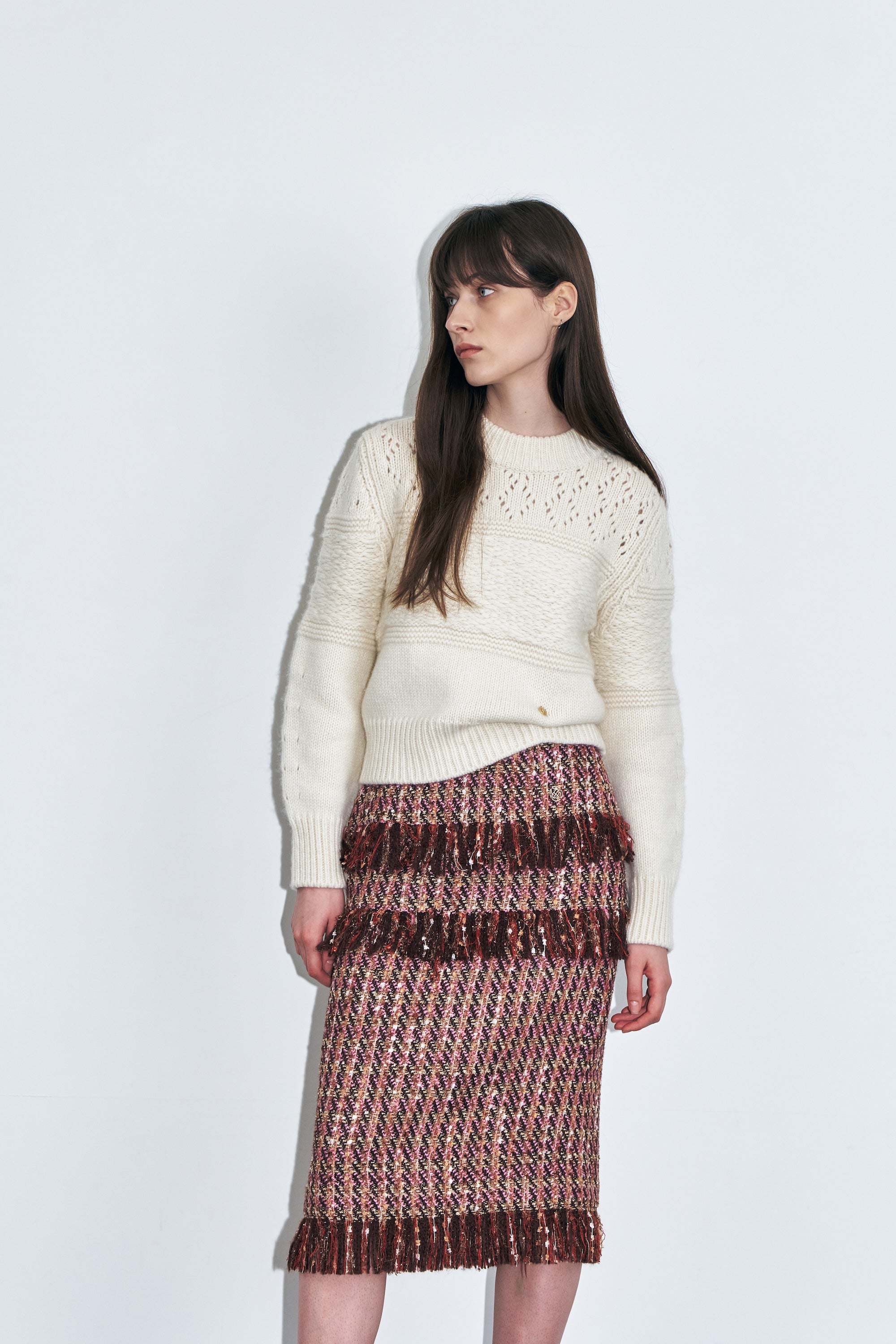 Tweed Fringe Midi Skirt