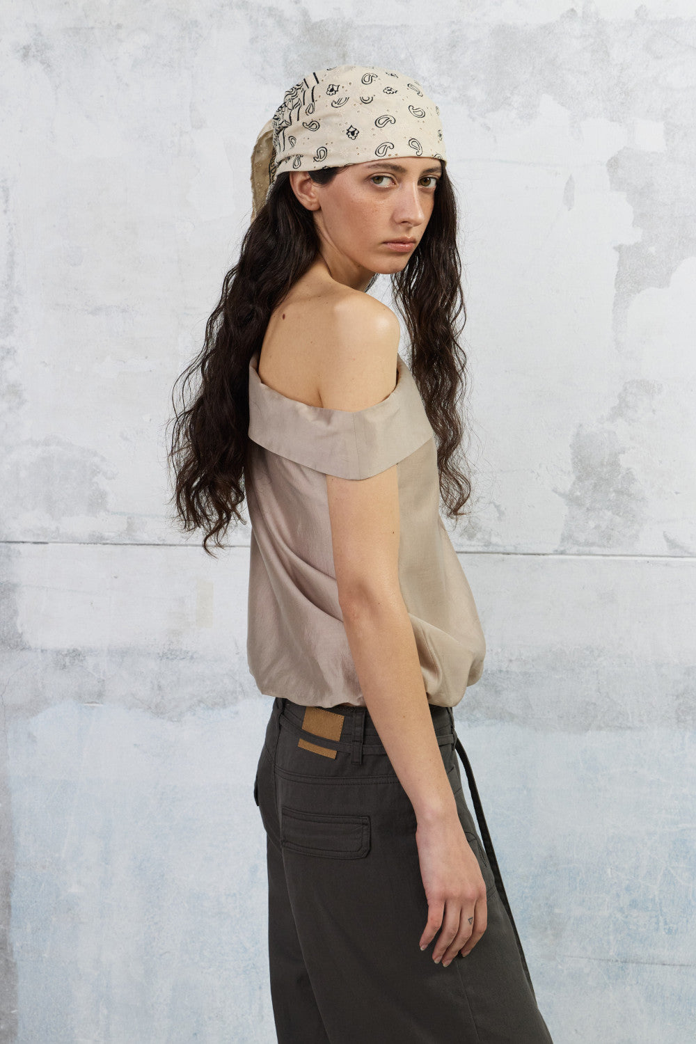 One Shoulder Silky Tencel Blouse, Beige