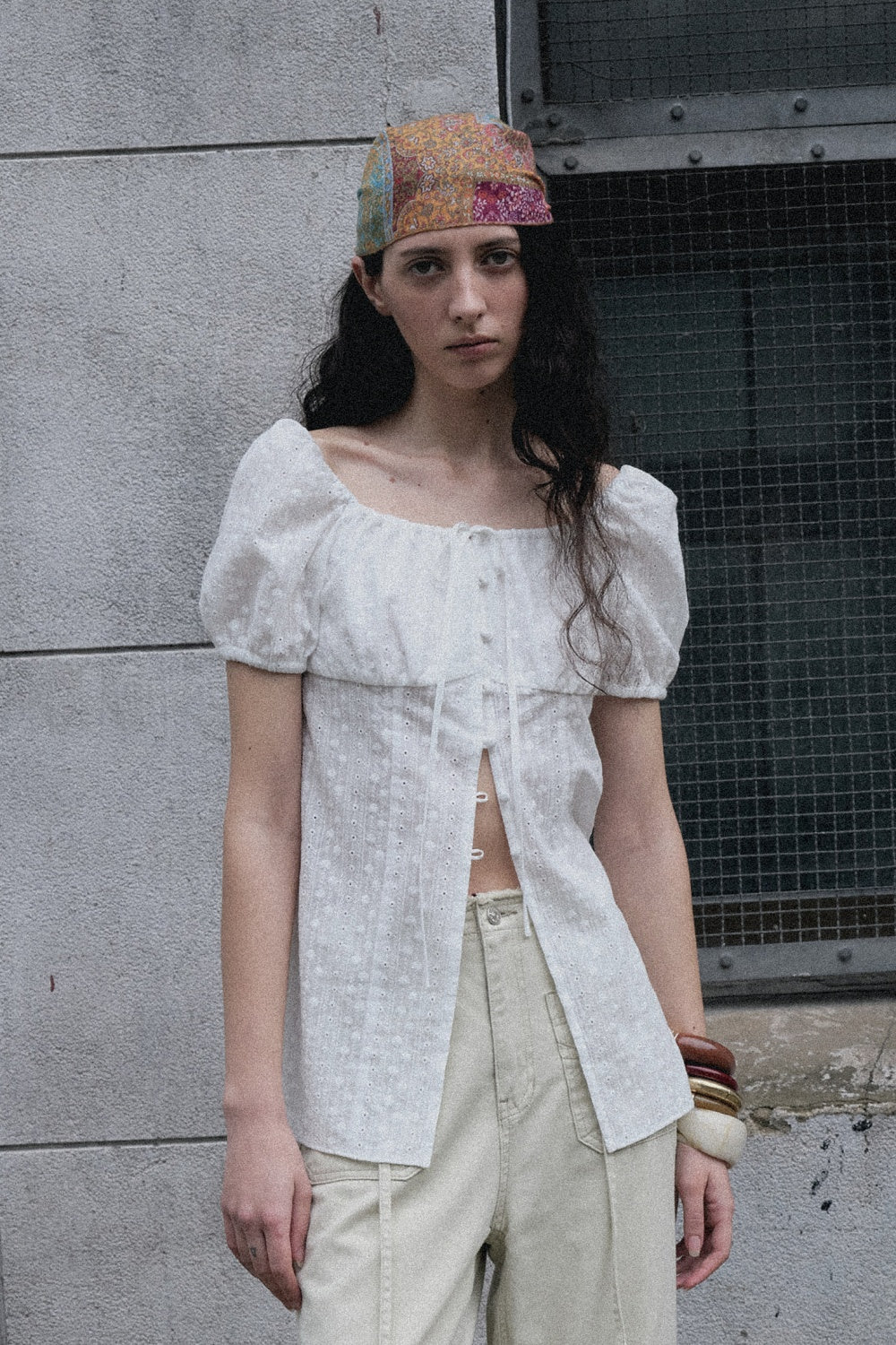 Eyelet Embroidered Puff Sleeve Blouse, Ivory