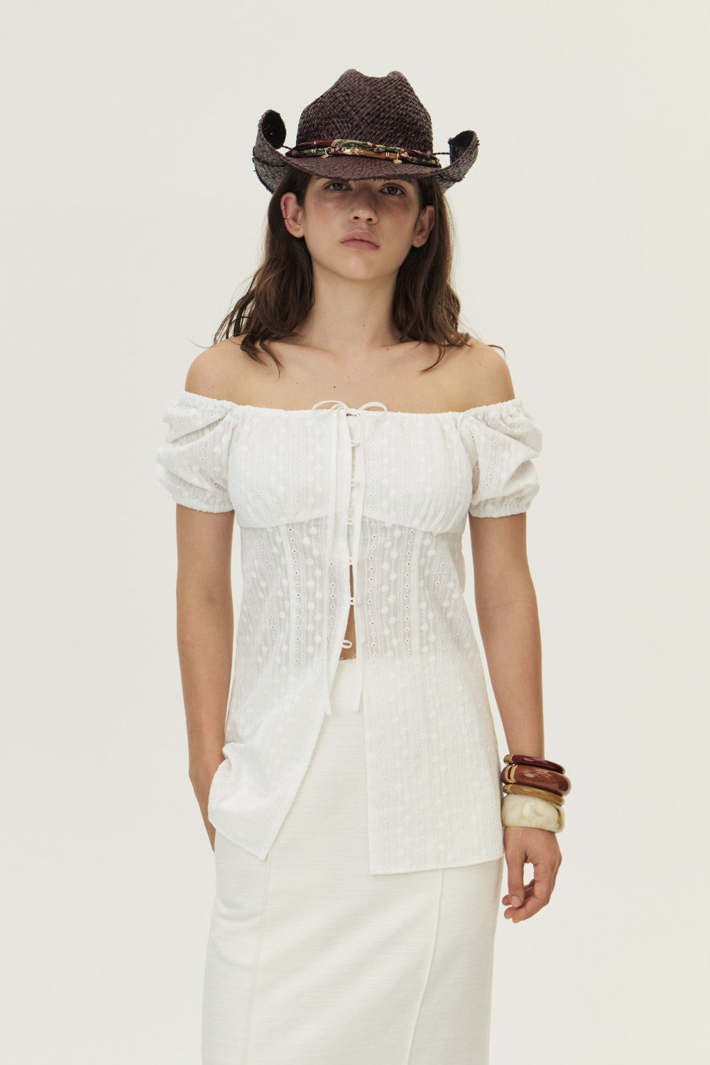 KUMÉ パフスリーブ ブラウス ホワイト S Eyelet Embroidered Puff Sleeve Blouse, Ivory