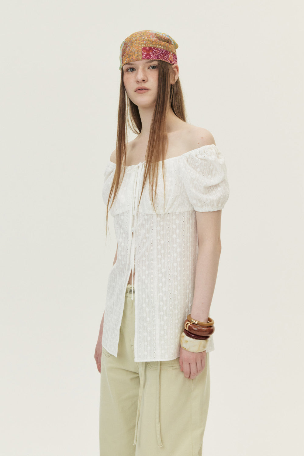 Eyelet Embroidered Puff Sleeve Blouse, Ivory